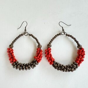 Red Brown Beaded Loop Dangle Drop Hoop Statement Earrings Boho Festive